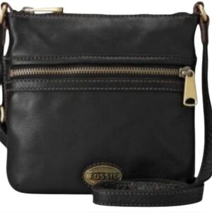 Vintage Fossil Explorer Black Pebbled Leather Criss Body Brass Hardware